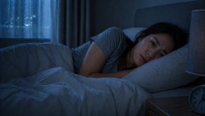 person awake in bed at night unable to fall back asleep