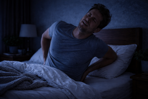 person waking up feeling tight in body at night